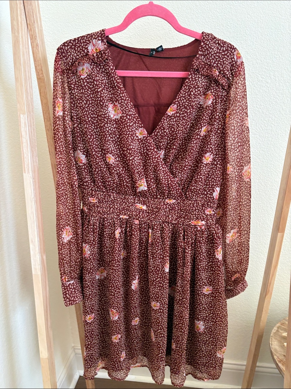Vero Moda Burgundy Floral Long Sleeve Dress